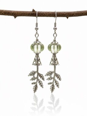 Green Glass Leaf Dangle Drop Earrings Silver Boho Nature Inspired